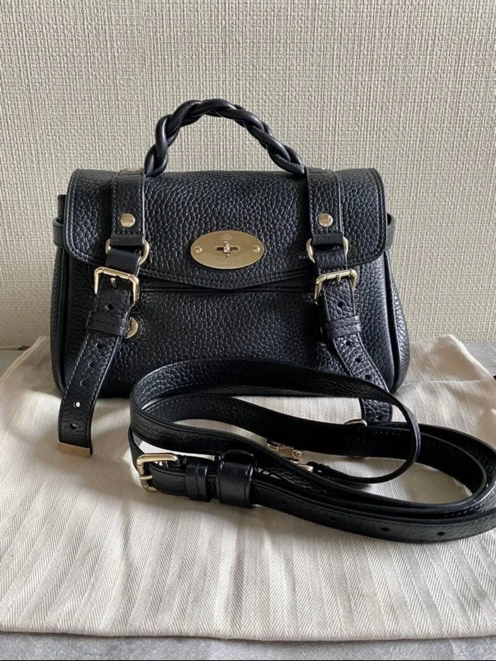 Mulberry Black Textured Leather Satchel with Braided Top Handle